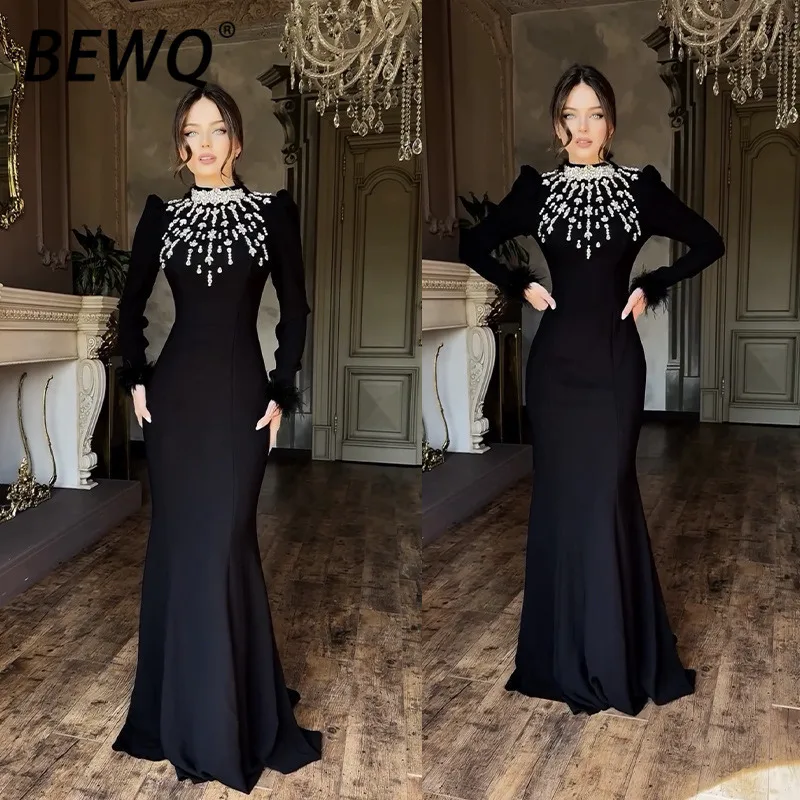 BEWQ فستان نسائي أنيق بأشرطة نصف رقبة عالية مطرز بالخرز وأكمام ريشة فستان الحفلات المسائية جديد لخريف 2025