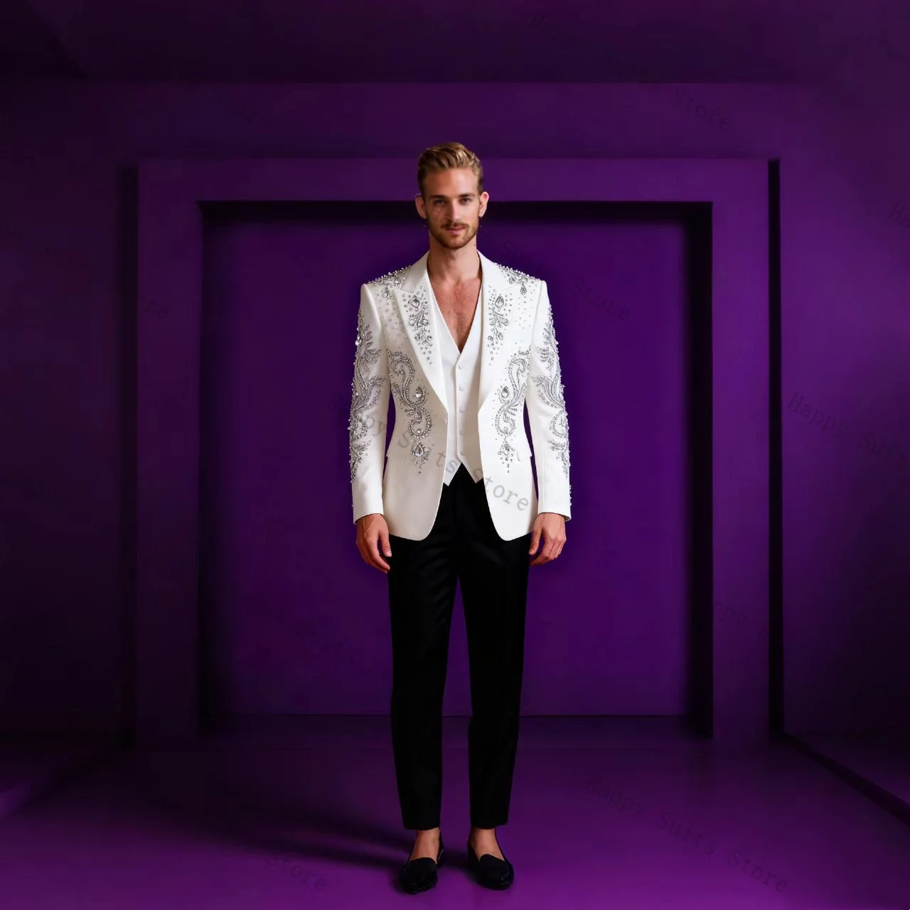 

White Crystals Men Suit Set 3 Pcs Vest+Blazer+Pants Trousers Formal Office Coat Cotton Wedding Tuxedo Customized Jacket Outfit