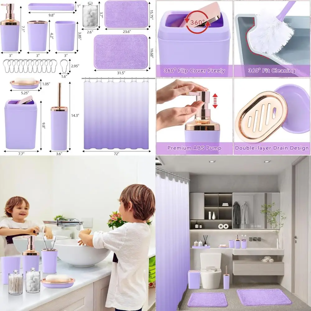 

Complete Lavender Bathroom Set with Ombre Shower Curtain, Non-Slip Rugs & Hooks