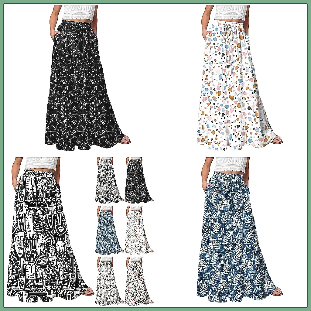 

Women's Summer Maxi Skirt with Pockets, Flowy Boho Beach Skirt Stretch Waist Pleated Swing