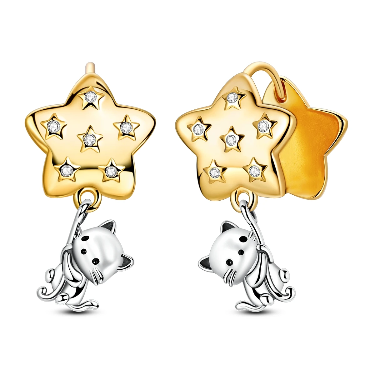 New in 925 Sterling Silver Cat Picking Stars Stud Earrings for Women Girl Ear Studs Fine Jewelry Fashion Luxury Anniversary