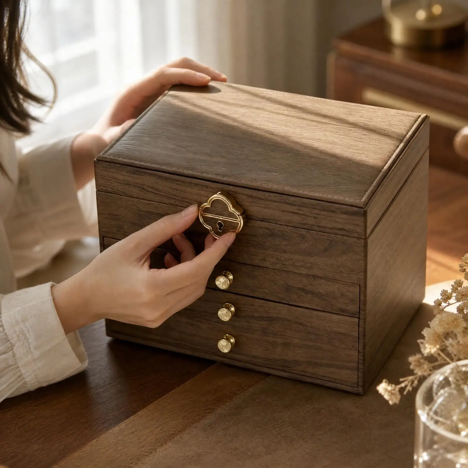 Square Jewelry Box Organizer Cabinet PU Leather Flocking Lined Interior Portable Case for Women Gifts Travel Home