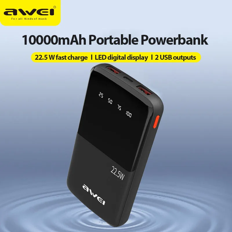 Awei P10K 3 in 1Portable Power Bank 10000mAh With 2USB &1 Type C Outputs 22.5W Fast charge External Powerbank Spare Battery