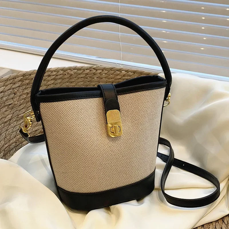 Fashion Design Women's Bag Bucket Handbag Retro Ladies Shoulder Bag Crossbody Canvas Leather Light Luxury Small Bags for Women