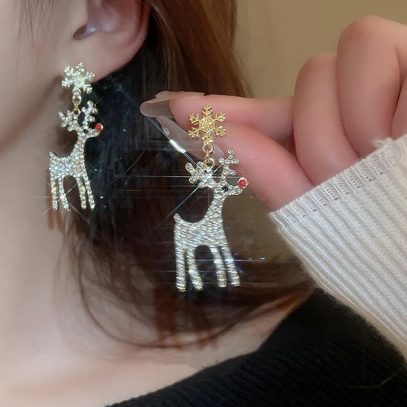 

Christmas Cartoon Full Rhinestone Reindeer Snowflake Drop Earrings Dangle Animal Deer Elk Earrings Gift For Women Men Jewelry