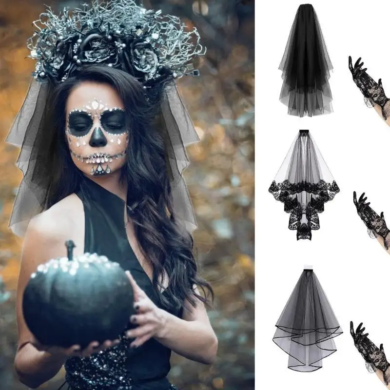 31BB Alluring Halloween Costume Accessories with Black Lace Veil and Soft Gloves Cosplay Headpieces Party Headwear for Women