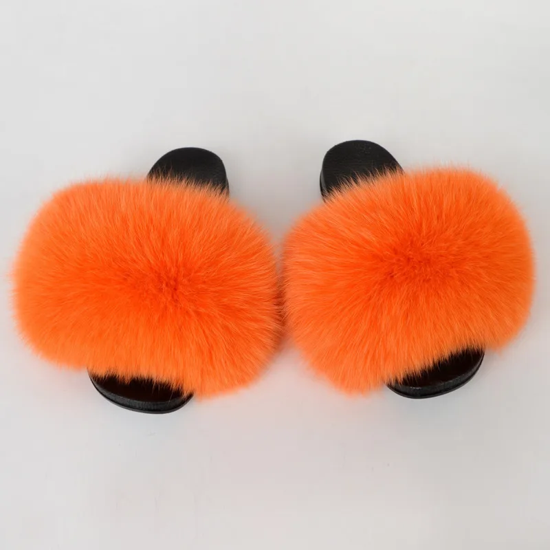 Full Fox Fur Slippers Women  Fluffy Furry Flip  Beach Sandals Non-Slip Wear-Resistant Flat Sandals Casual Outdoor Ladies Slides