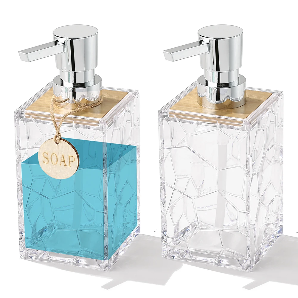 2 Pack Clear Acrylic Soap Dispenser with Bamboo Accents and Wooden Tags for Bathroom and Kitchen Counter