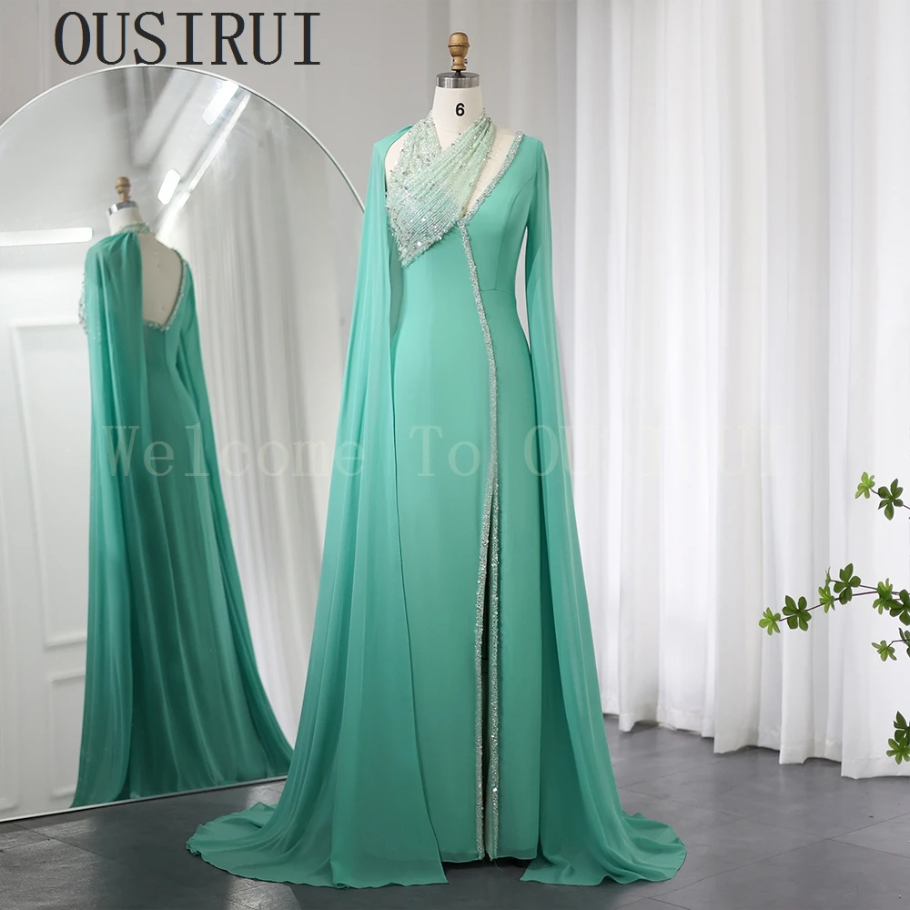 OUSIRUI Turquoise Chiffon Dubai Evening Dress with Cape Sleeves Fuchsia Lilac Arabic Women Wedding Party Gowns