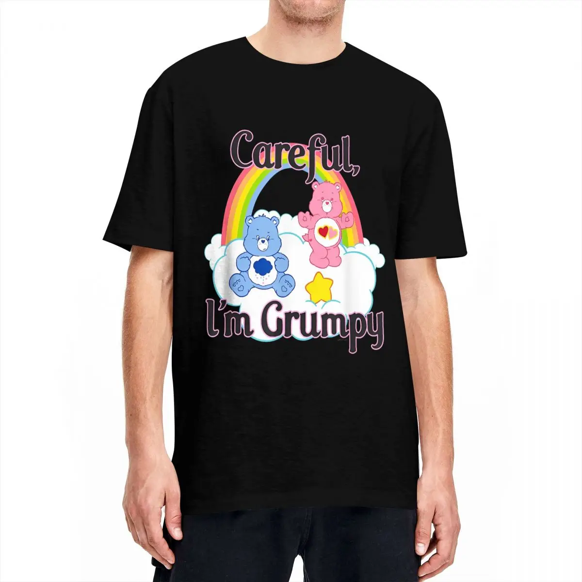 

Мужские и женские футболки Care Bears Careful I'm Grumpy, хлопковая одежда, винтажная футболка с короткими рукавами и круглым воротником, футболки с принтом