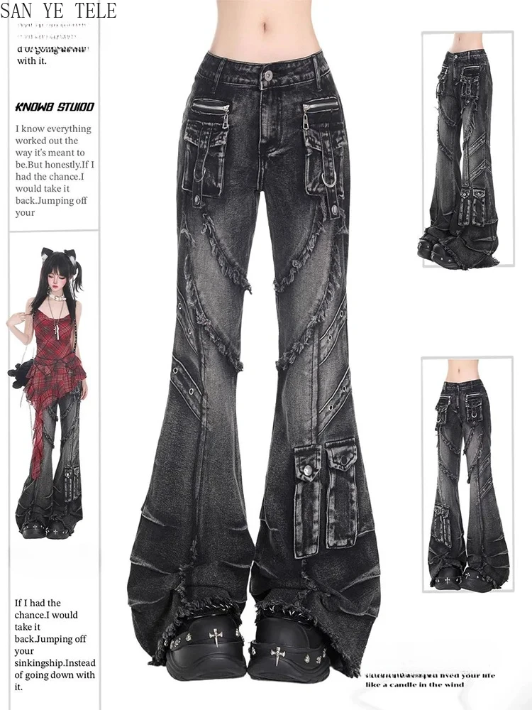 

Women's Black Gothic Cargo Baggy Jeans Y2K American High Street 2000S Harajuku Aesthetic Vintage Jeans Pants Trousers Clothing