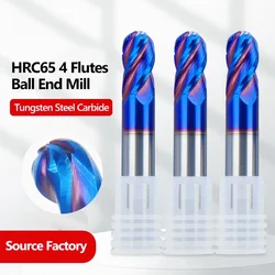 HRC65 4 Flute Ball End Mill Tungsten Carbide Cutter CNC Router Bit Milling Cutter Tool R0.5 6mm 8mm 10-20MM For Metal Steel