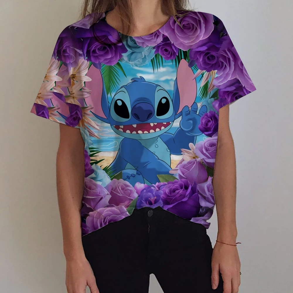 كارتون لطيف ليلو غرزة المرأة تي شيرت Kawaii الجرافيك قصيرة الأكمام تي شيرت 2025 الصيف الشارع الشهير طباعة Y2k الملابس القمم #5