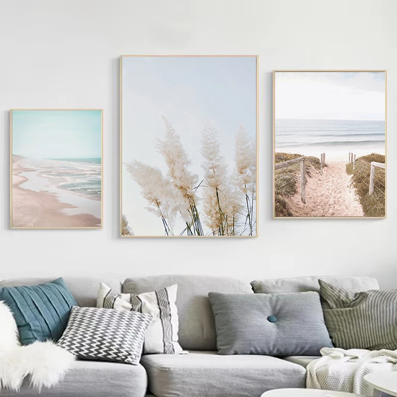 Boho Neutral Pampas Grass Beach Coastal Ocean Landscape Poster and Printed Wall Art Pictures Canvas Painting Home Decor