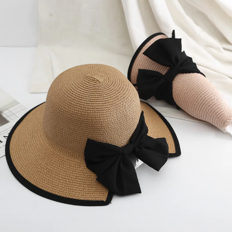 Large Brim Bow Straw Visors for Women Summer Sun Protection UV Bowknot Beach Hat Korean Temperament Vacation Foldable Bucket Hat