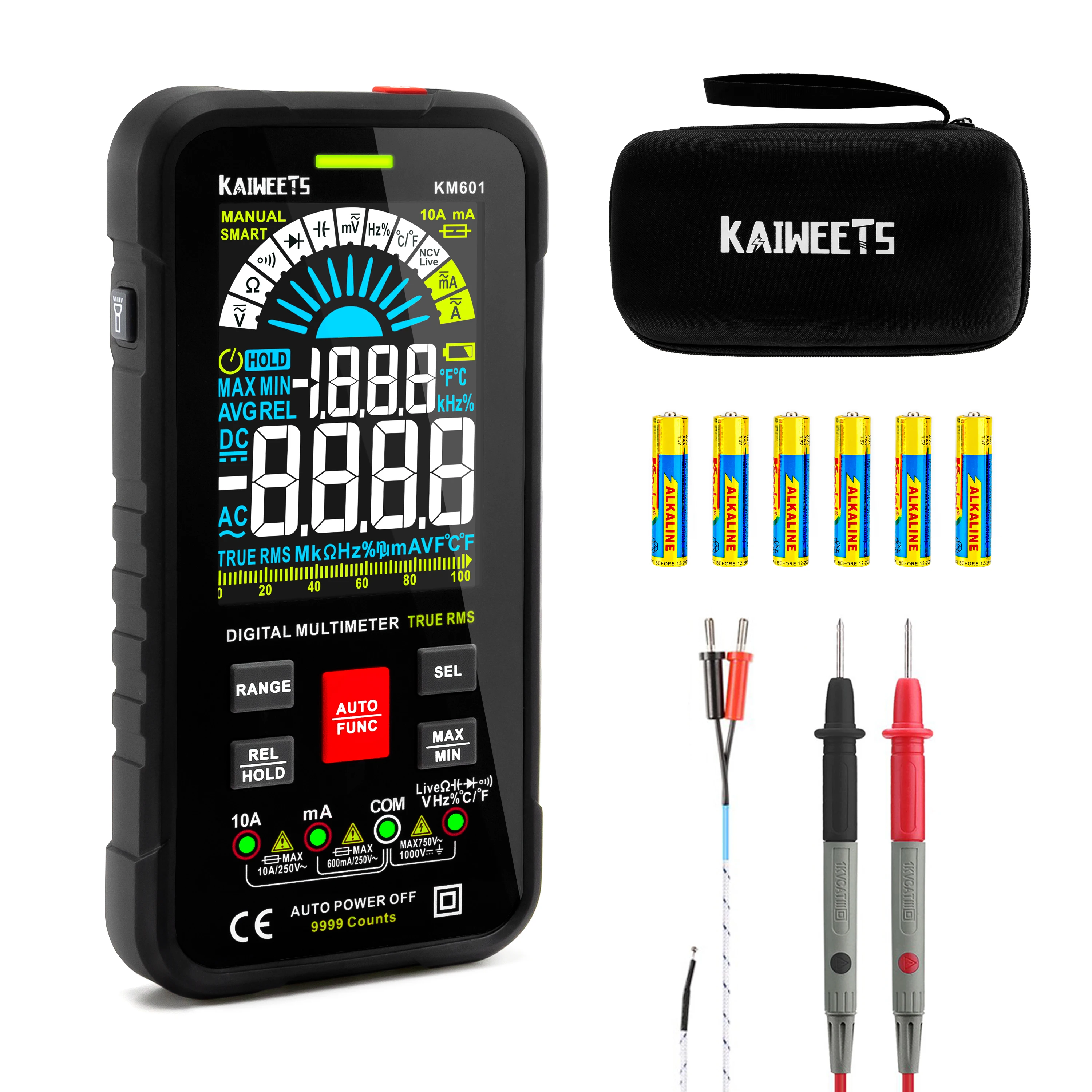 KAIWEETS KM601 Precision Digital Smart Multimeter 9999 Counts True-RMS  Multimetro with Color Screen LCD