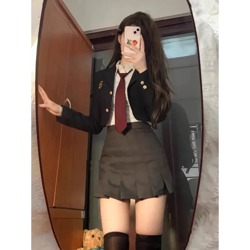 

Повседневная корейская униформа JK в студенческом стиле, короткий костюм для девочек, блейзер, темно-синее пальто, юбка с запахом на бедрах, рубашка с галстуком, комплект для горячих девушек Spk;3,c'5.b;8'