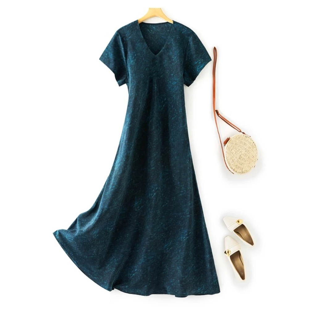Deep Blue Starry Sky 100% Natural Mulberry Silk Crepe De Chine V-neck Short Sleeve Slant Cut Slimming Style Fishtail Dress
