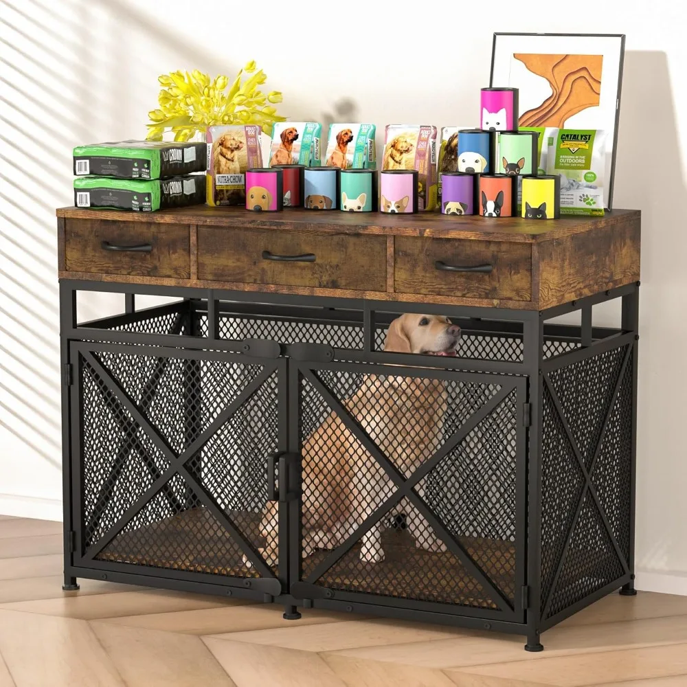 Dog cage.Dog Crate Furniture, 43.3inch Heavy Duty Dog Kennel with 3 Fabric Drawers and Storage, Dog Crate Side End Table