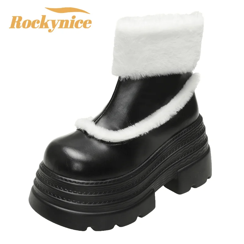 

Soft Leather Snow Boots New Winter High Platform Wedge British Chunky Ankle Booties Woman Ladies Warm Fur Motorcycle Boots 9.5CM