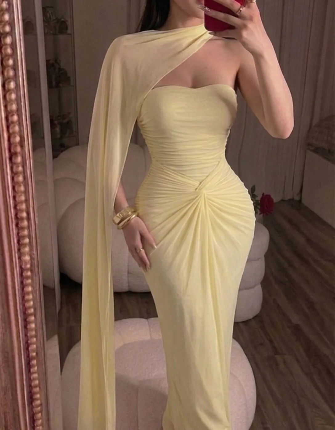 

Customized Long Chiffon Evening Dresses with Slit Mermaid Yellow Strapless فساتين سهرة Watteau Train Prom Dress for Women