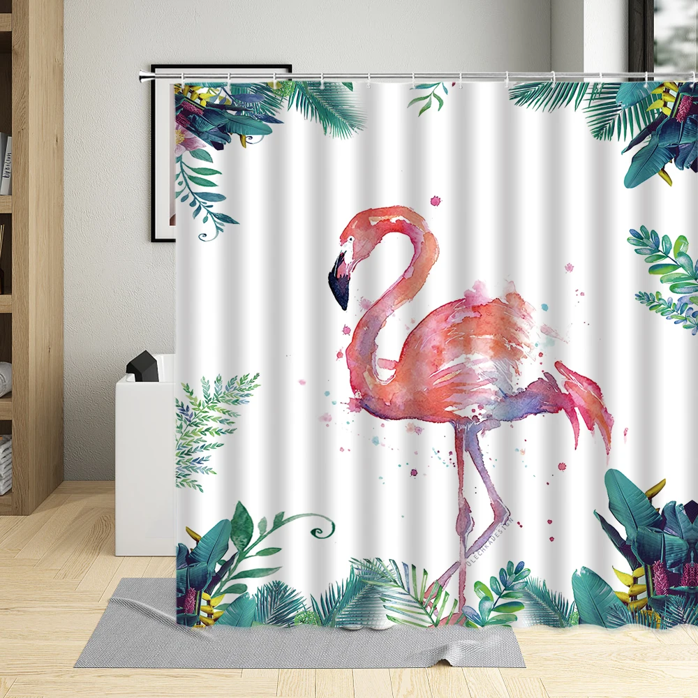 Pink Flamingo Floral Plant Palm Leaf Shower Curtain Coconut Tree Animal Illustration Bathroom Curtains Waterproof Bathtub Decor