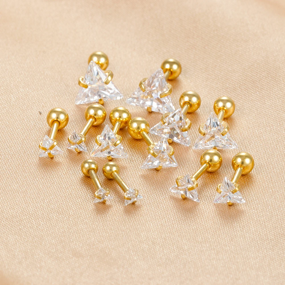 2PC Stainless Steel Minimal Crystal Triangle Piercing Earrings Helix Studs Tragus Cartilage Studs Earring Christmas Jewelry Gift