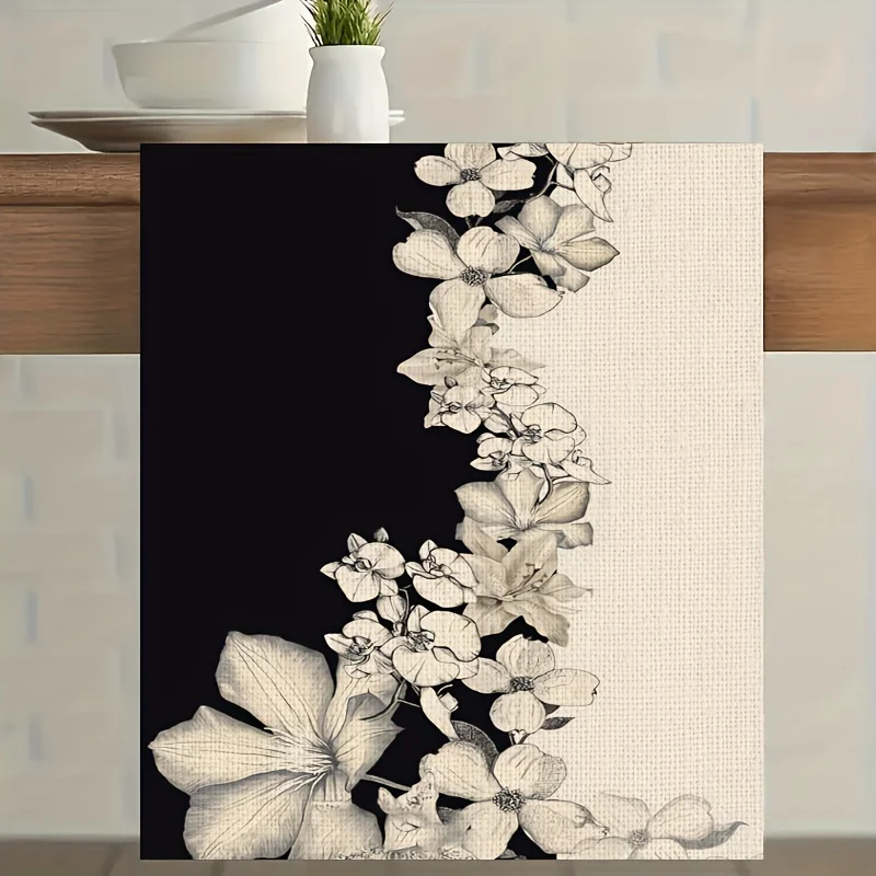 1 Piece of Elegant Black and White Floral Table Runner, Suitable for Farmhouse, Indoor, Kitchen, Celebrations, Table Decoration, Restaurant, and Banquet Decoration Supplies