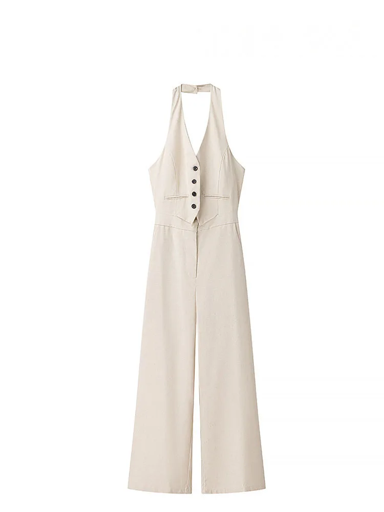 HH Female Spring High Street Jumpsuits Beige V-Neck Sleeveless Backless Single-Breasted Women's Fashion Pockets Jumpsuits