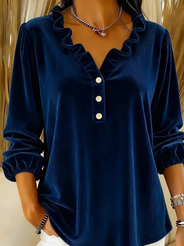 Eleganckie bluzki z długim rękawem typu lampion, luźne, jesienne, nowe, proste bluzki z dekoltem w serek, falbankami, do pracy, dla kobiet, nowe, sztruksowe, jednolite pulowery 2025.