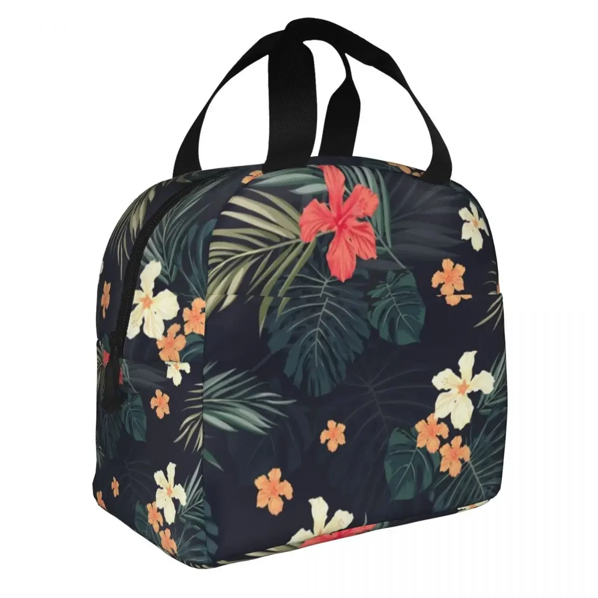 Dark Tropical Flowers Lunch Bag Portable Insulated Canvas Cooler Bag Plant Thermal Food Picnic Lunch Box