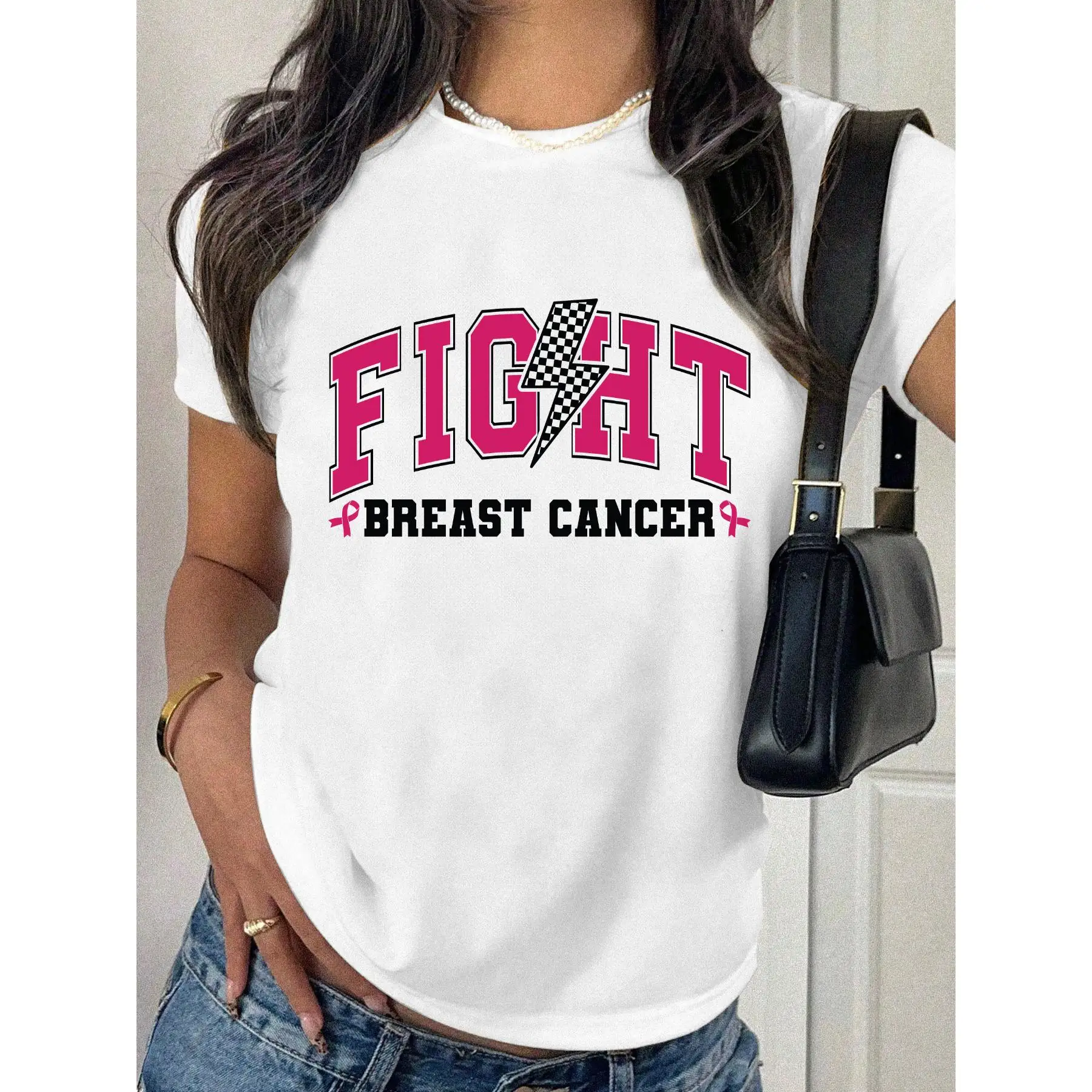 

Women's "Fight Breast Cancer" T-Shirt Pink Ribbon Awareness Graphic Tee Cancer Fighter Support Gift Top