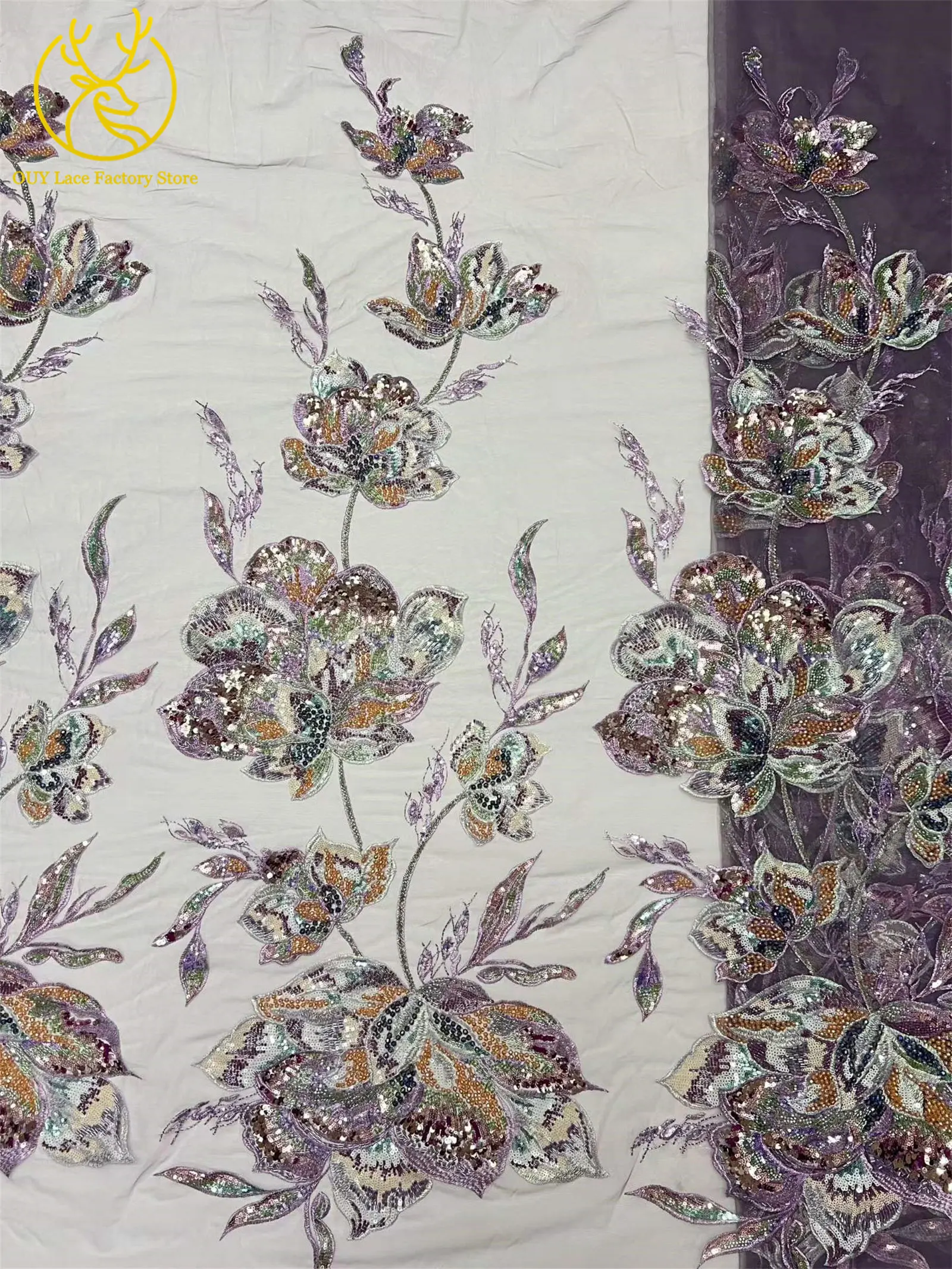 Luxuriöser afrikanischer Brautkleidstoff mit Stickerei, großen Blumen und Perlen, 5 Yards, hochwertiger französischer Pailletten-Spitzenstoff zum Nähen von Kleidern – Detail 16