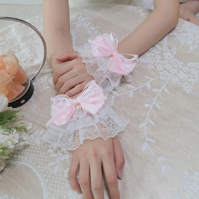 1-10Pairs Lolita Flared Wrist Cuff Pearl Lace Bow Removable Layered Sleeve Decor for Cosplay Party Costume Accessory