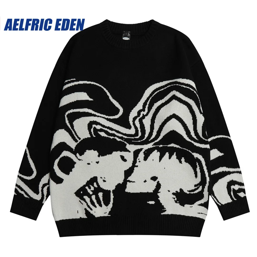 Aelfric Eden Skeleton Portrait Sweater Retro Skull Graphic Hip Hop Knitted Sweater Vintage Pullover Casual Wool Sweater Hipster