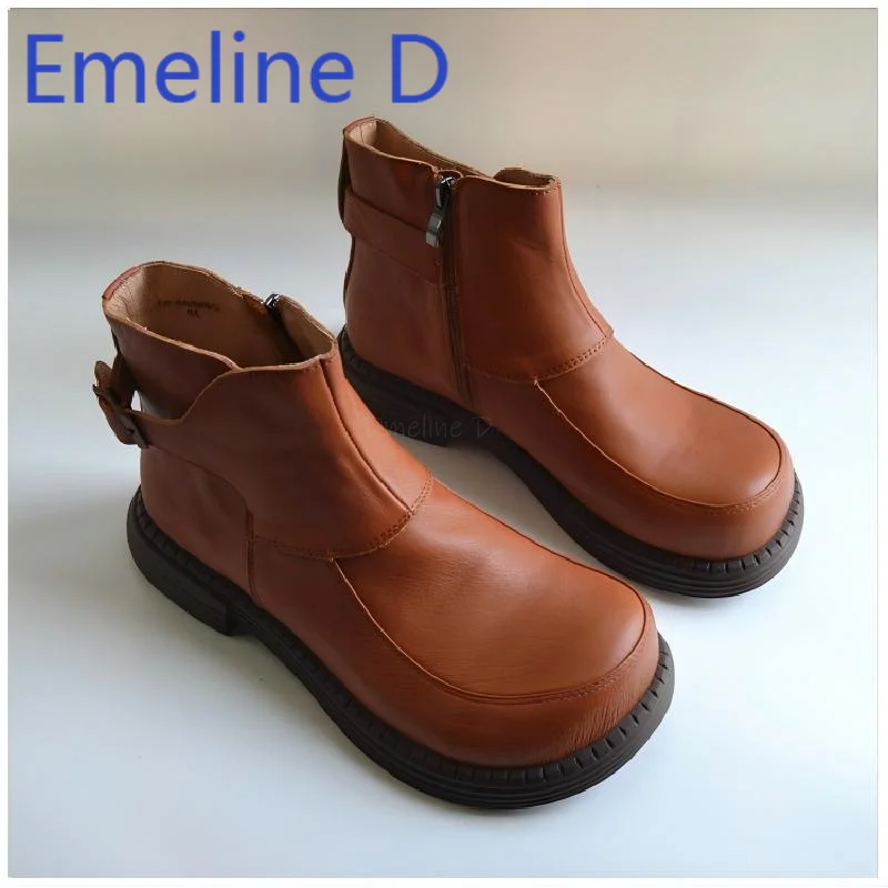 

Round Toe High Top Boots Side Zipper Simple Big Head Loose and Casual Soft Leather Men's Flat Bottom Versatile Short Boots