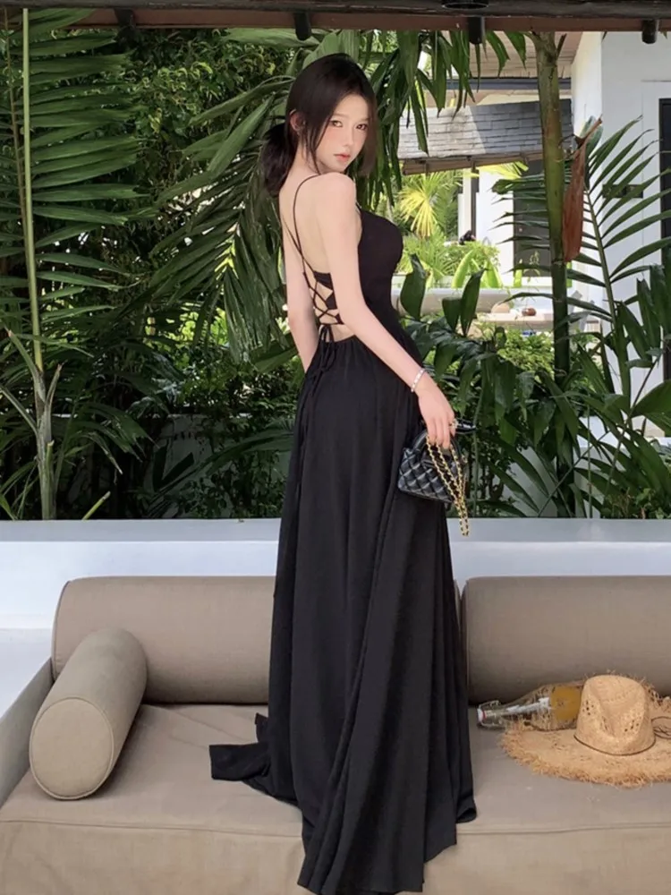 ผู้หญิงเซ็กซี่Backless ElegantชุดVคอSlimเอวLace Upชุดยาวฤดูร้อนพรหมเสื้อผ้าหญิงชุด