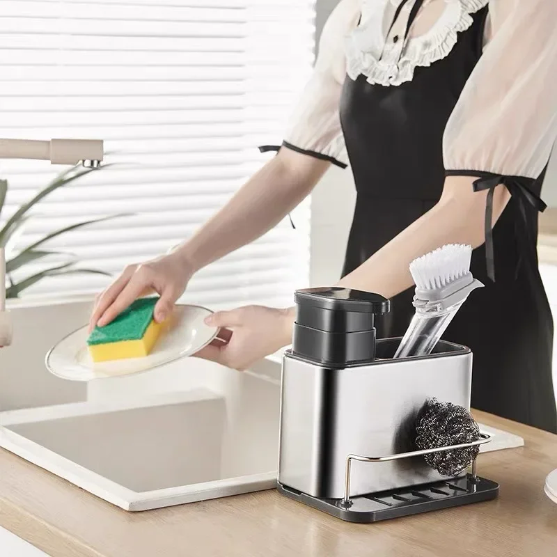 

Изысканный дозатор для мыла 3-в-1 с держателем для губки, органайзер для раковины из нержавеющей стали, нержавеющий дозатор для моющего средства