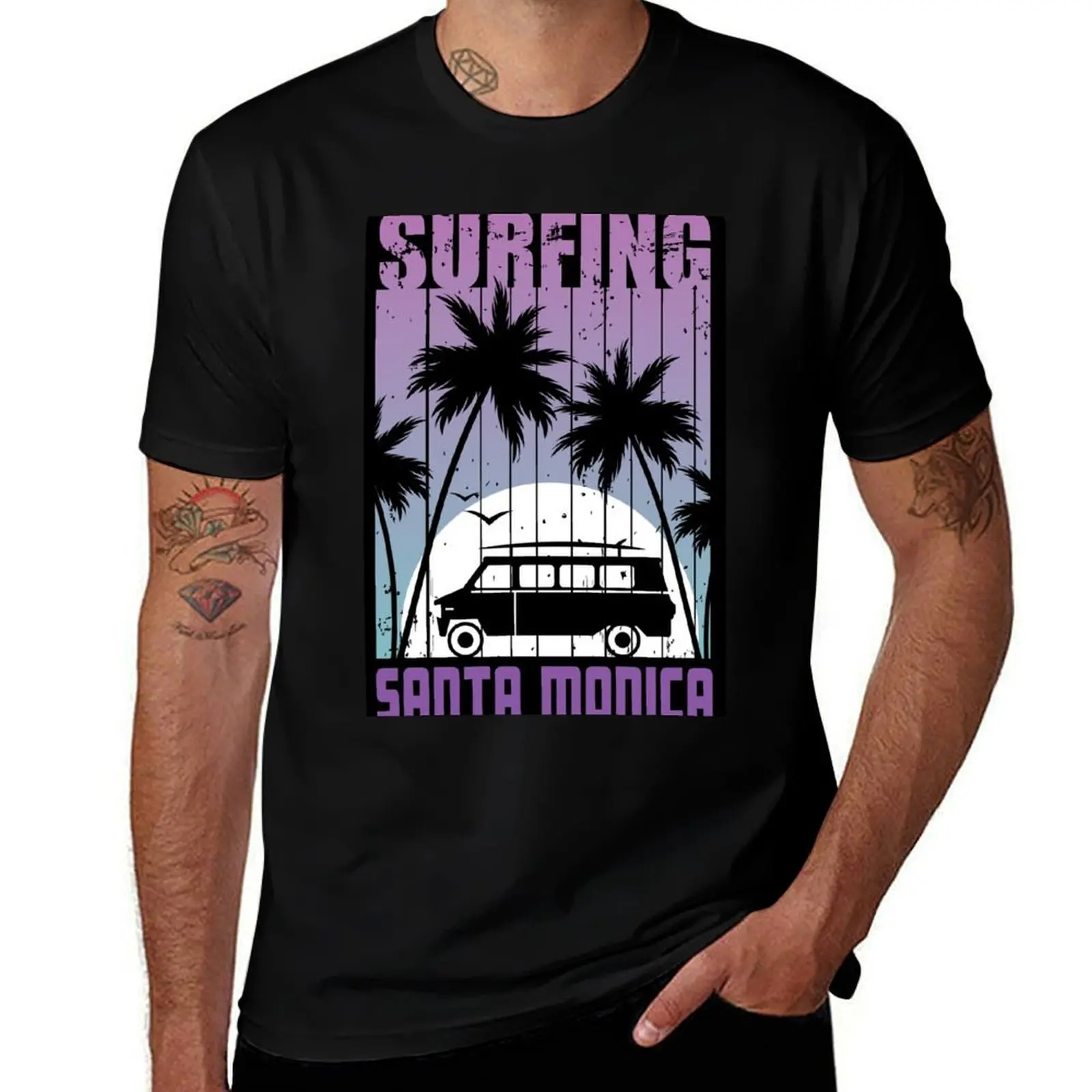 Santa Monica Beach, California, Sunshine and Surfing T-Shirt Basic Daily Outfit Short Sleeve Tee T-Shirt