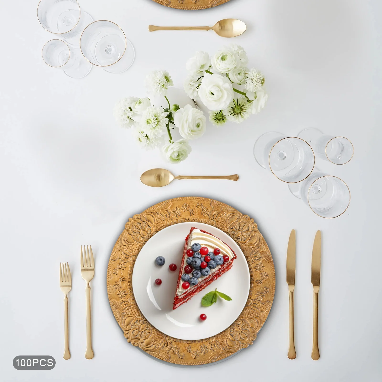 

100pcs Gold Plastic 33cm Western Food Dish Single-sided Painted Decorative Plate European Retro Dessert Plate