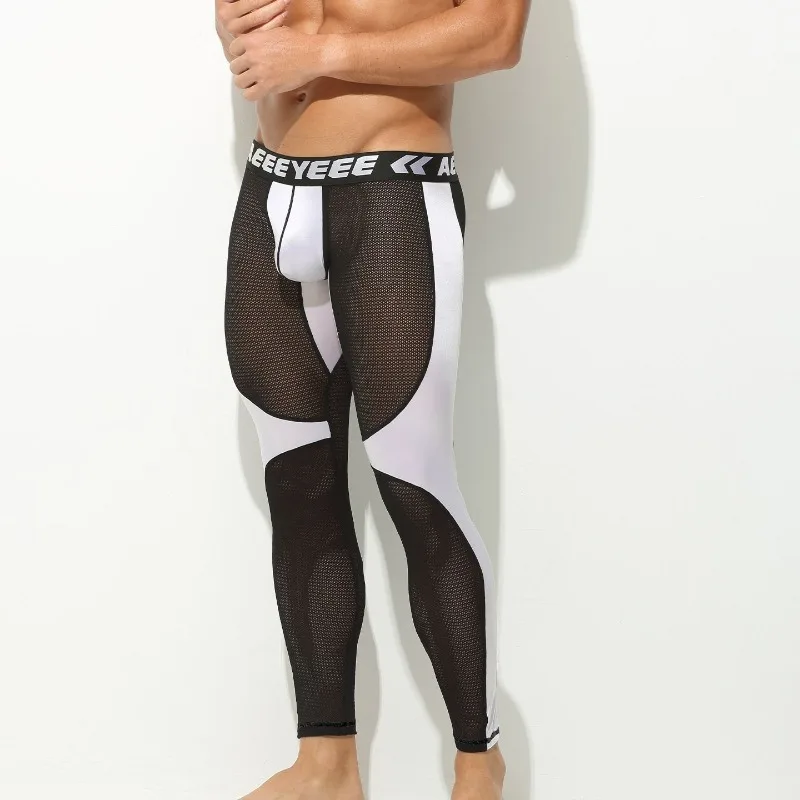 Men's Low-waisted Tight Leggings Mesh Breathable Pants Color-blocked Shaping Pants High-elasticity Fitness Base Tights Seductive
