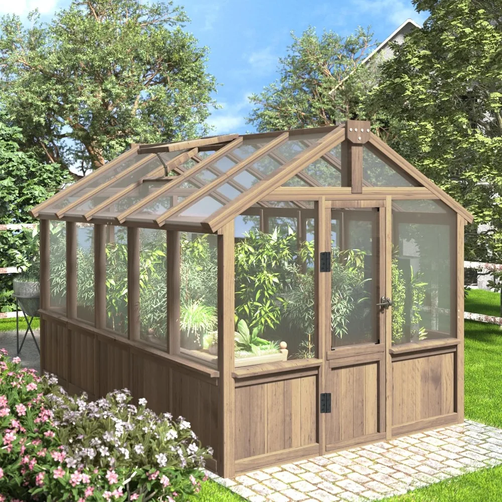 6x10FT Wood Greenhouse, Greenhouses for Outdoors with Lockable Door, Cedar Frame & Adjustable Vent, Green House with Multi-Layer