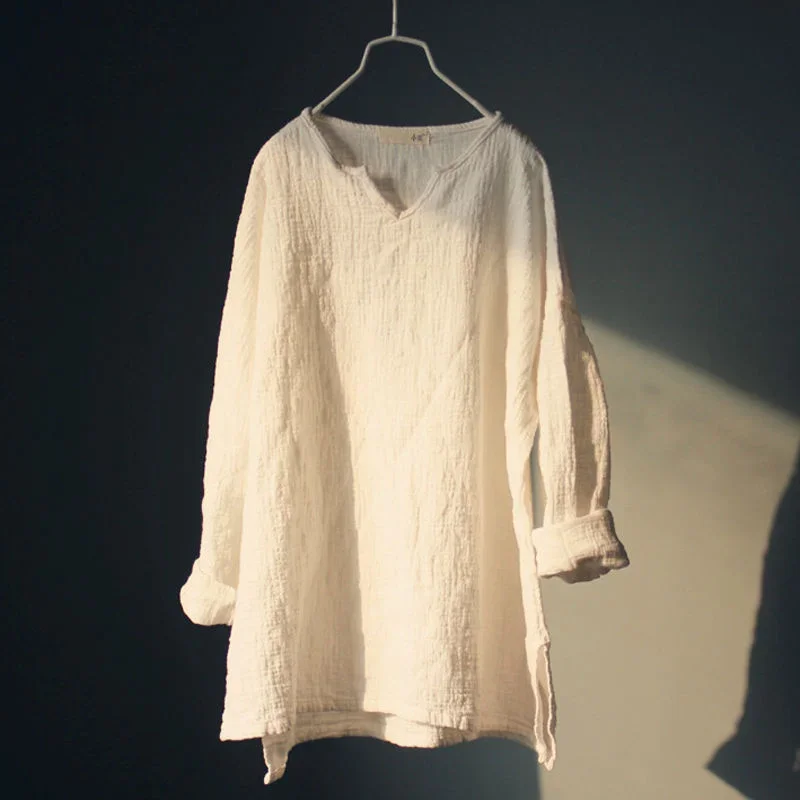 

2025 New Spring V Neck Solid Blouse Women Casual Loose Long Sleeve Vintage Womens Shirts Double Cotton Pullover Tops