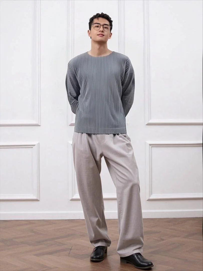 

Miyake плиссированная новинка 2025 года, плиссированная мужская футболка с круглым вырезом и длинными рукавами, осенне-зимняя футболка, повседневная классическая свободная японская футболка