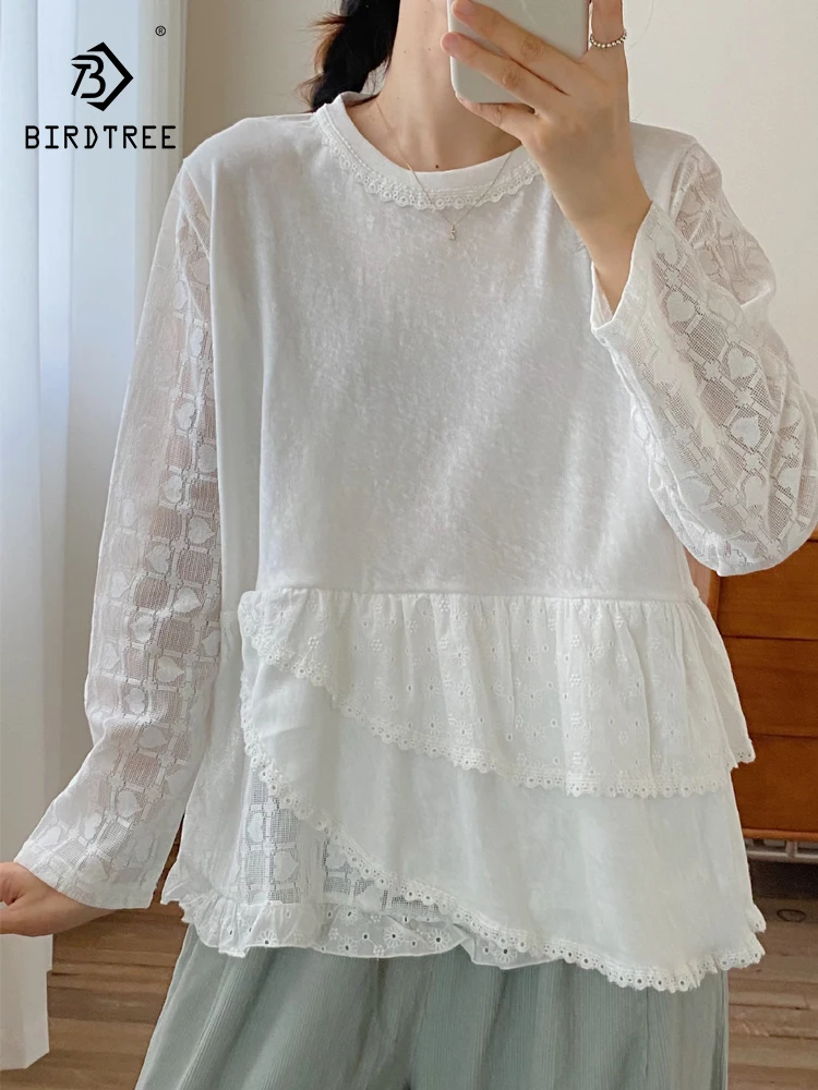 

New 2026 Spring Women Cotton Long Sleeve Shirt, O Neck Ruffles Patchwork, Mori Girl Versatile Design Chic Loose Blouse T63482CC