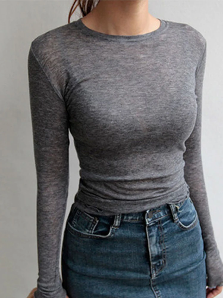T-shirt à manches longues pour femmes, simple, en coton, élastique, basique, décontracté, sexy, fin, transparent, de haute qualité