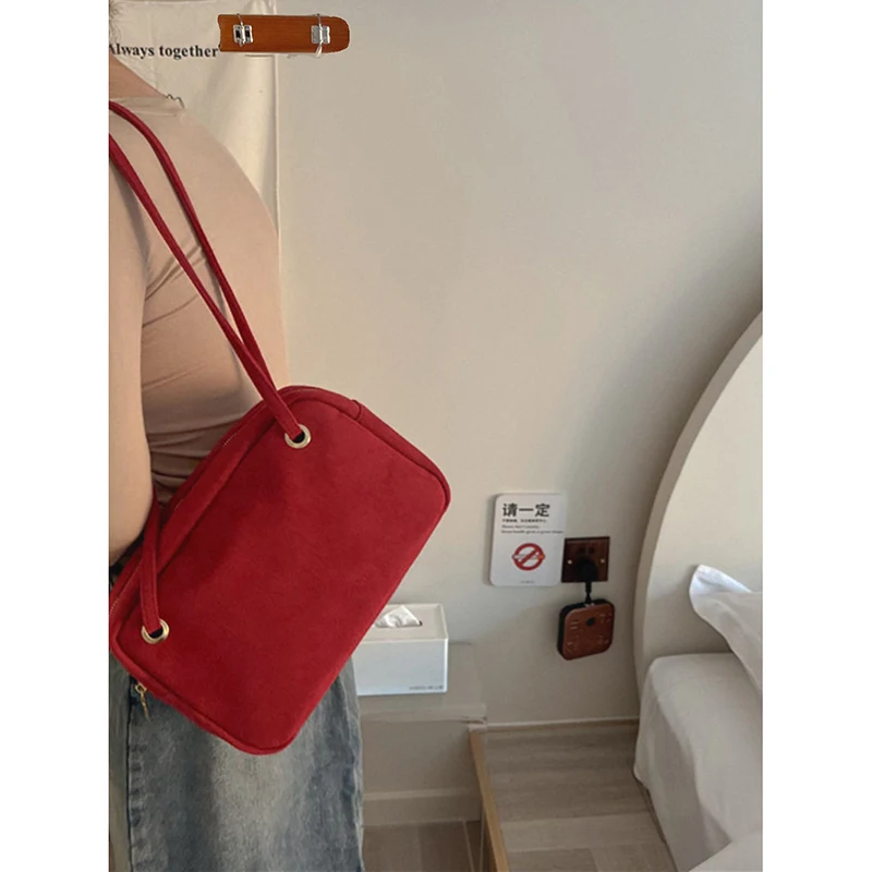 Red Vintage Faux Suede Shoulder Bag Large Capacity Solid Casual Commute Women\'s Tote Bag Summer New All-matching Underarm Bags