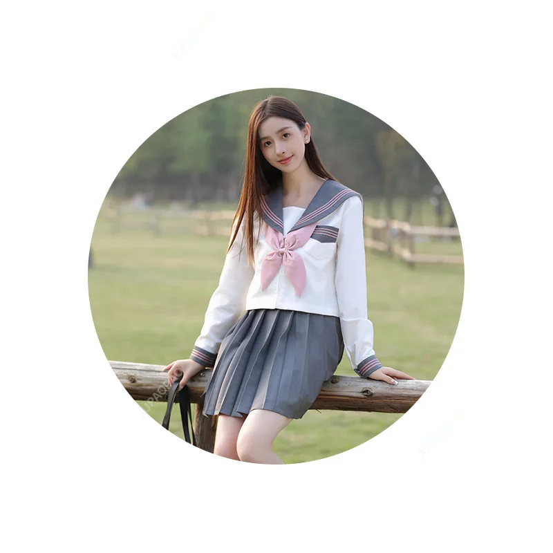 Japanese Embroidery New Gray Three-book JK Uniform Sailor Uniform College Style  Long-sleeved College Style Pleated Skirt SuitBC