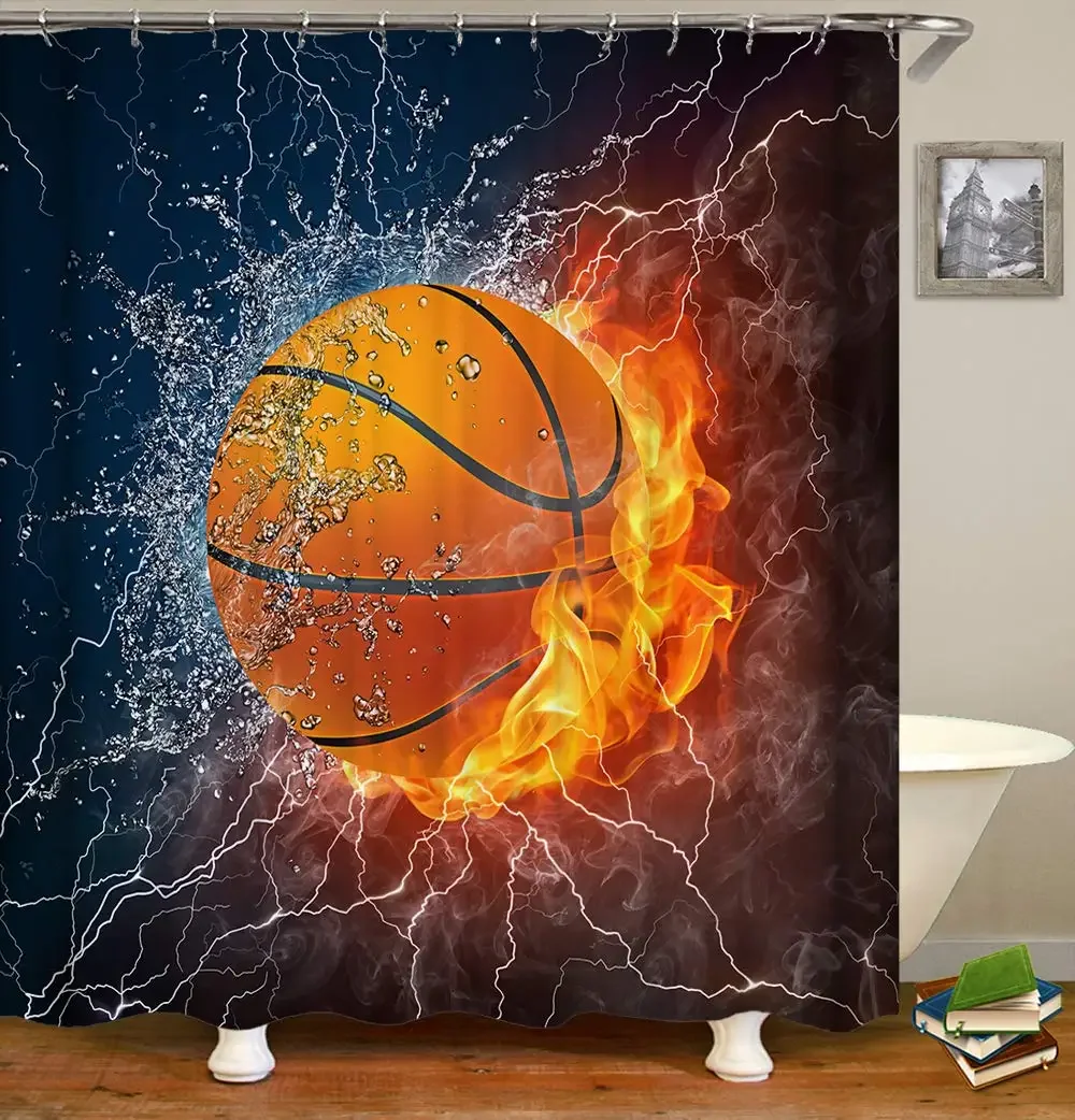 3D Basketball Shower Curtain Sets for Boys Teens Athlete Gym Theme Sports Bathroom Curtain Polyester Waterproof Shower Curtain