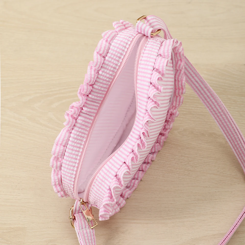 Ruffle Heart Shape Crossbody Bag Fashion Stripe Pink Girl Seersucker Zipper Sling Bags For Women Outdoor Travel Mini Purse